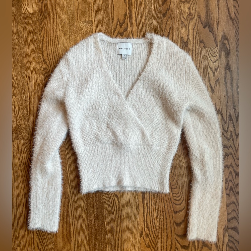 Pink Rose | Cropped V-Neck Wrap Sweater | Size: S | Color: Ivory | Never worn